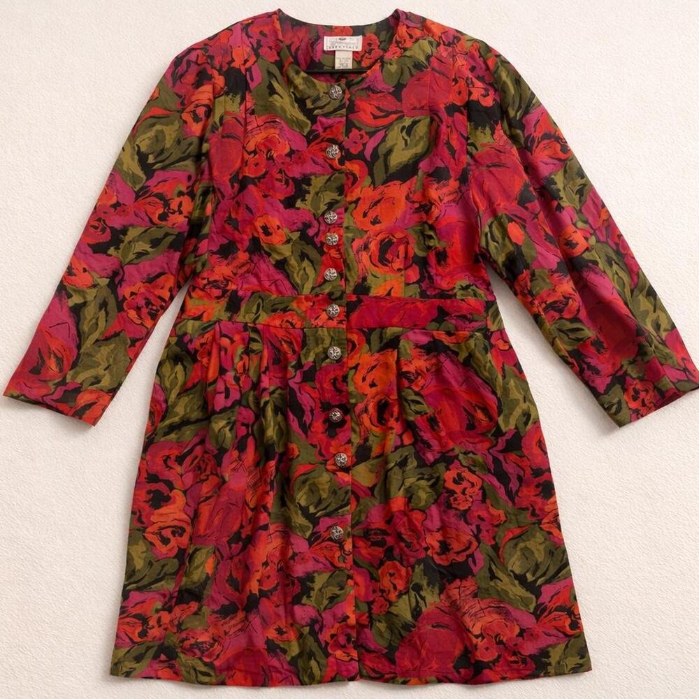 true vtg 90s dress duster modest bold floral rayon spring cottagecore burgundy
